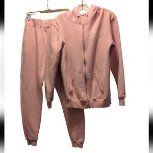 Women’s Pink Fleece Tracksuit Set Zip Hoodie Joggers TP Logo Cozy Loungewear